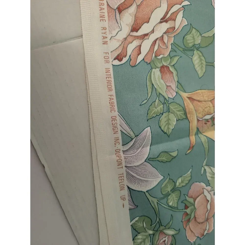 Vintage 1988 Martin Lorraine Ryan 54x64 In Teal Floral Teflon Upholstery Fabric